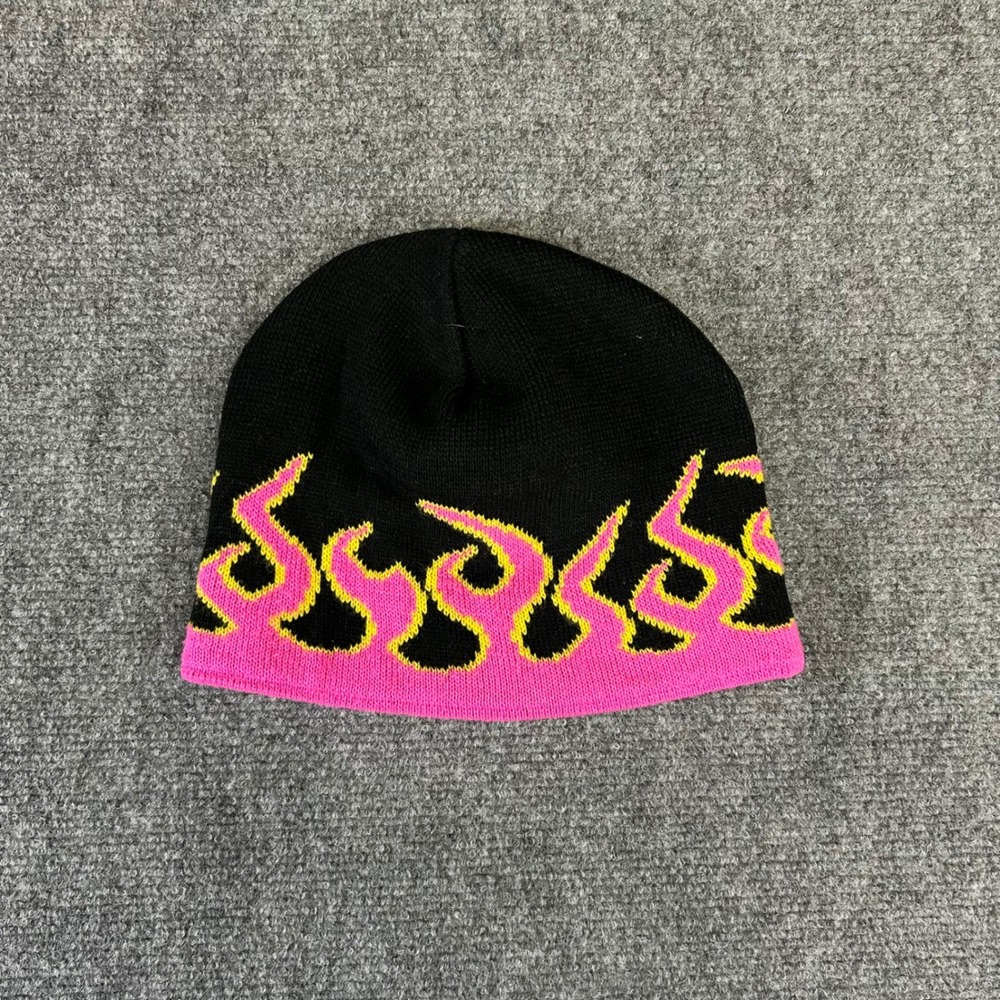 Tilt Vintage Pink Flame Knit Beanie Black Yellow Fire Skull Cap Streetwear